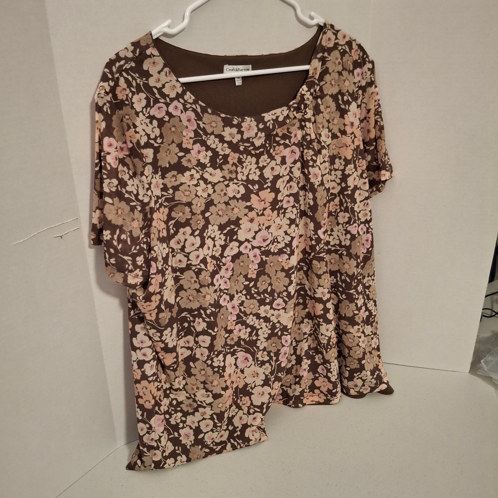3/$15 Croft & Barrow Womens 3X Floral Brown Scoop‎ Neck Sheer Overlay Blouse